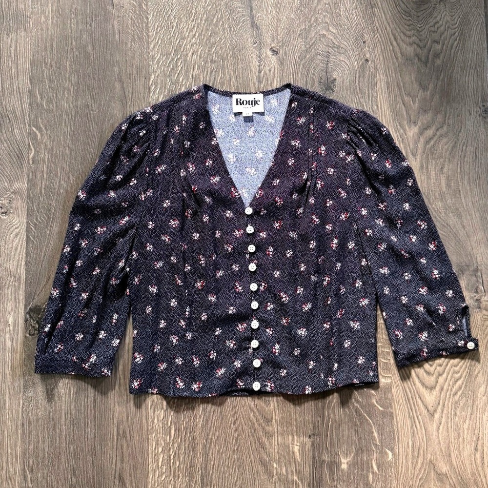 Rouje Mathieu Blouse 38 US 6 Navy Blue Floral Cropped Puff Sleeve Buttons NWOT